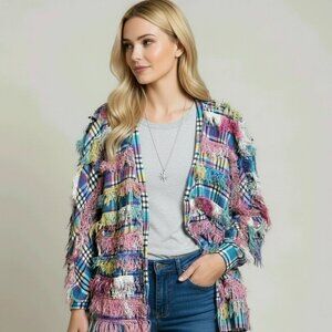Paula Sweet Muslin Mink Women's Vintage Pastel Fringe Shag & Plaid Jacket Small